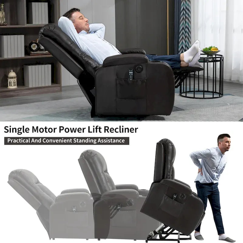 Sillón reclinable elevador eléctrico con masaje y calor – Negro/Gris/Marrón, Un asiento