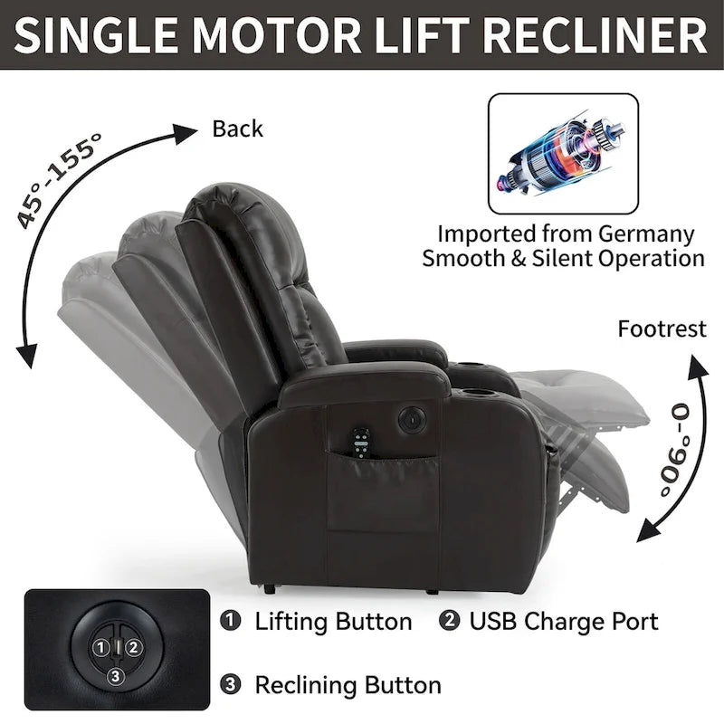 Sillón reclinable elevador eléctrico con masaje y calor – Negro/Gris/Marrón, Un asiento