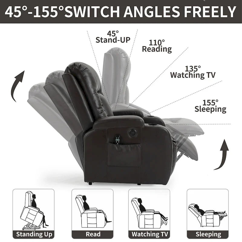 Sillón reclinable elevador eléctrico con masaje y calor – Negro/Gris/Marrón, Un asiento