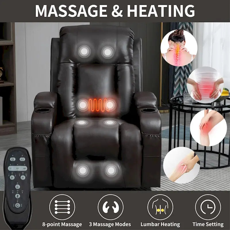 Sillón reclinable elevador eléctrico con masaje y calor – Negro/Gris/Marrón, Un asiento