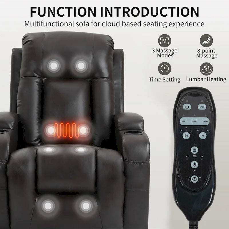 Sillón reclinable elevador eléctrico con masaje y calor – Negro/Gris/Marrón, Un asiento