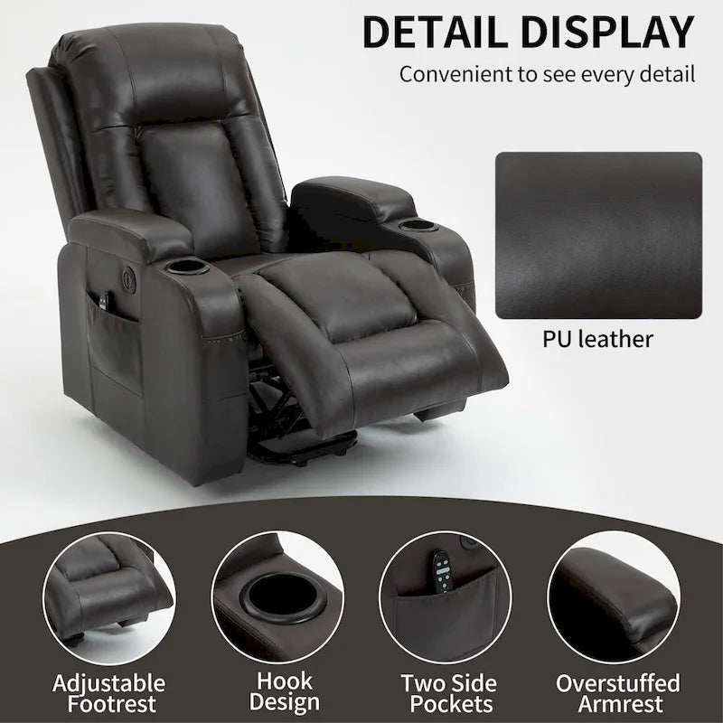 Sillón reclinable elevador eléctrico con masaje y calor – Negro/Gris/Marrón, Un asiento