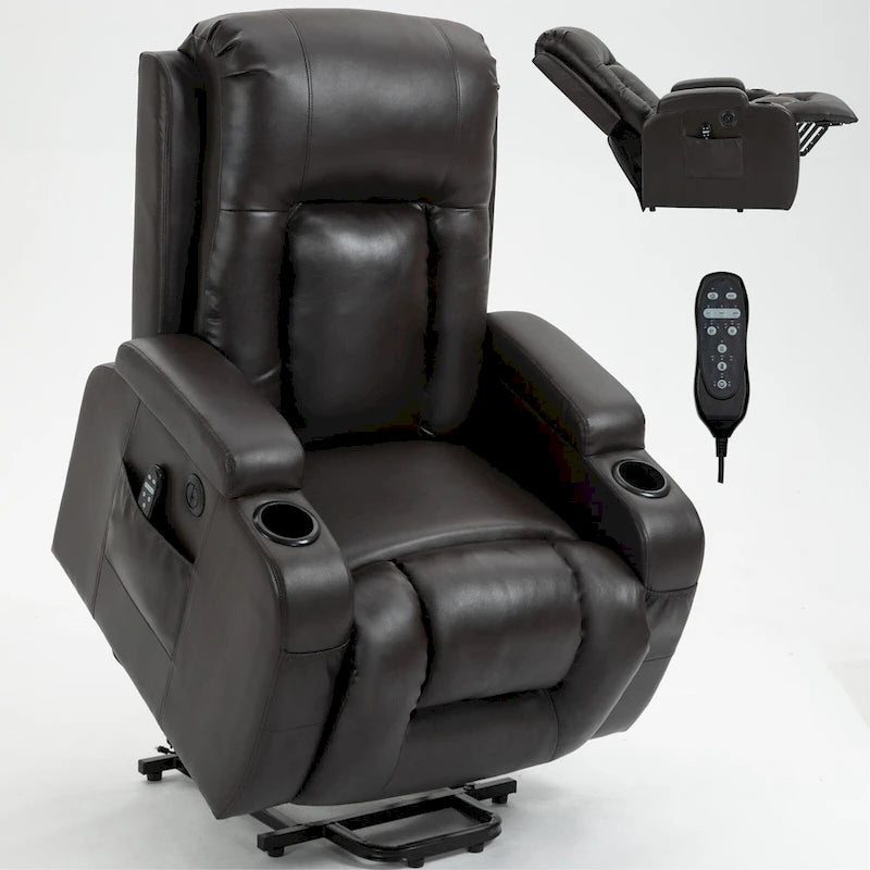 Sillón reclinable elevador eléctrico con masaje y calor – Negro/Gris/Marrón, Un asiento
