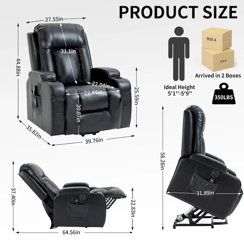 Sillón reclinable elevador eléctrico con masaje y calor – Negro/Gris/Marrón, Un asiento
