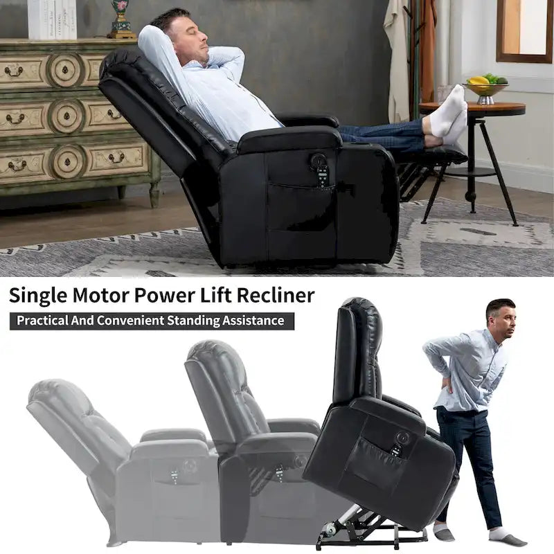 Sillón reclinable elevador eléctrico con masaje y calor – Negro/Gris/Marrón, Un asiento