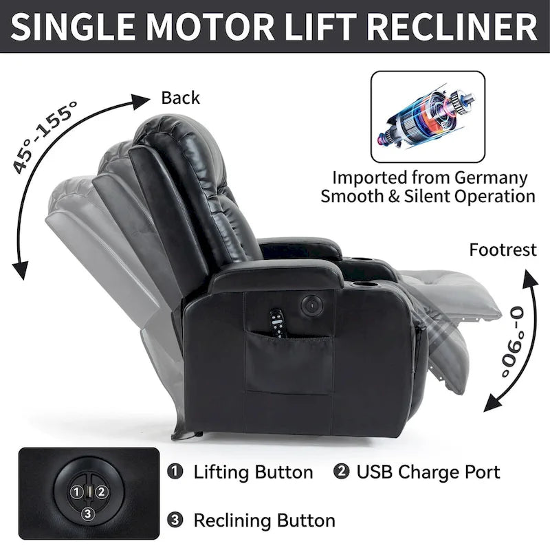 Sillón reclinable elevador eléctrico con masaje y calor – Negro/Gris/Marrón, Un asiento