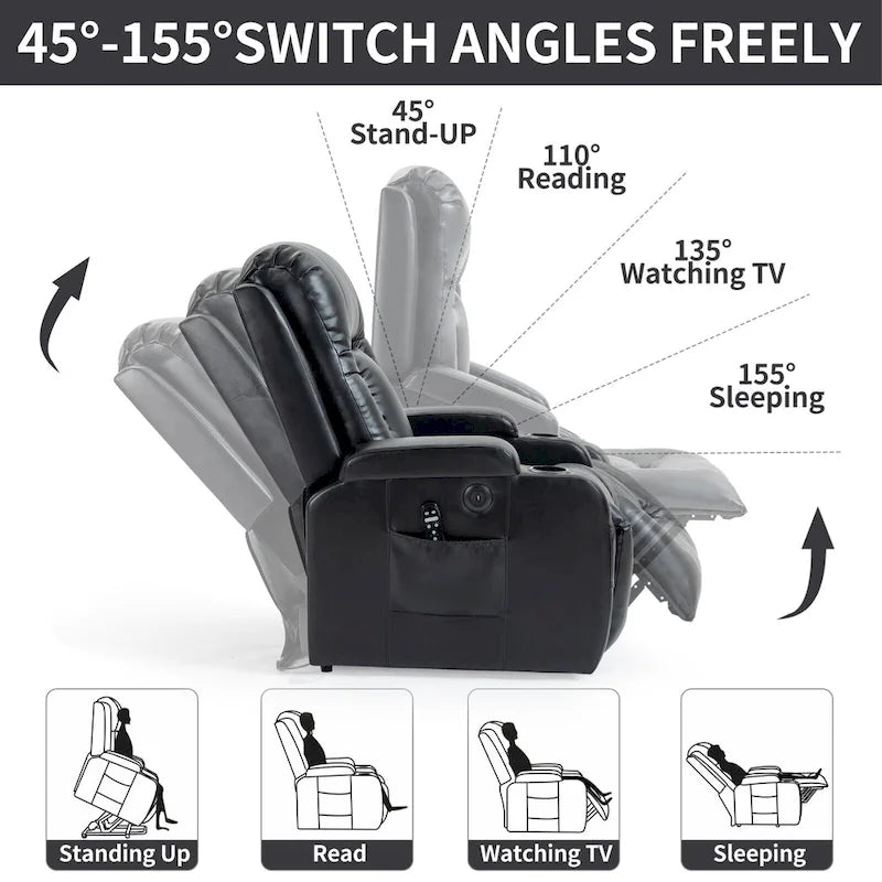 Sillón reclinable elevador eléctrico con masaje y calor – Negro/Gris/Marrón, Un asiento