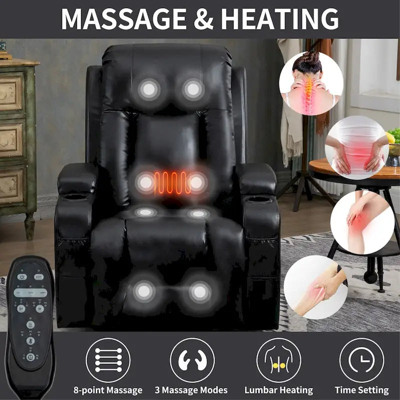 Sillón reclinable elevador eléctrico con masaje y calor – Negro/Gris/Marrón, Un asiento