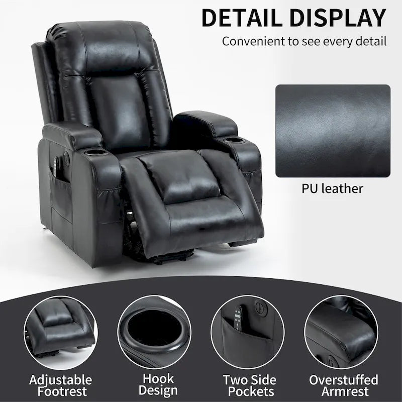 Sillón reclinable elevador eléctrico con masaje y calor – Negro/Gris/Marrón, Un asiento