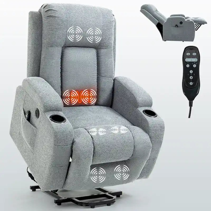 Sillón reclinable elevador eléctrico con masaje y calor – Negro/Gris/Marrón, Un asiento