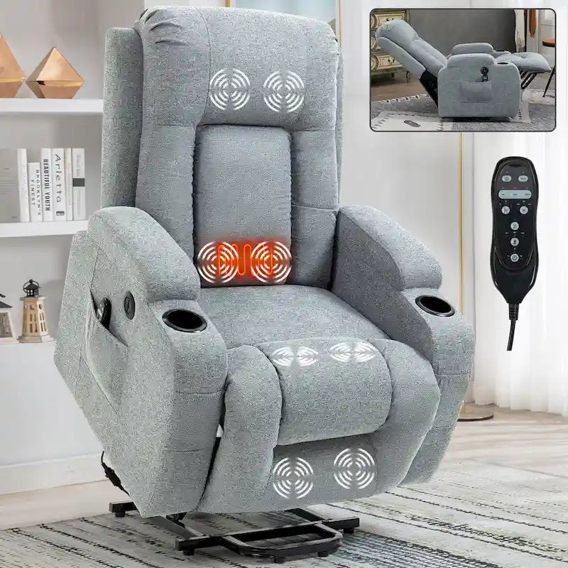 Sillón reclinable elevador eléctrico con masaje y calor – Negro/Gris/Marrón, Un asiento