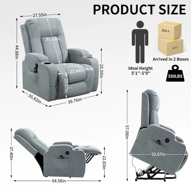 Sillón reclinable elevador eléctrico con masaje y calor – Negro/Gris/Marrón, Un asiento