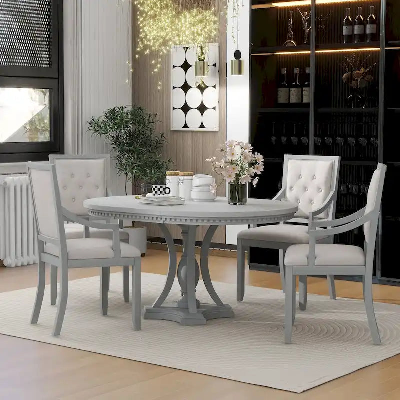 Juego de comedor redondo retro extensible gris antiguo para 5 personas (mesa + 4 sillas)