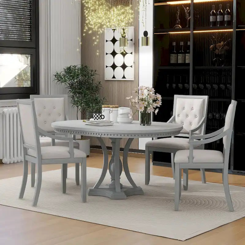 Antique Gray Retro 5-Piece Wooden Dining Table Set with Extendable Round Table & 4 Chairs