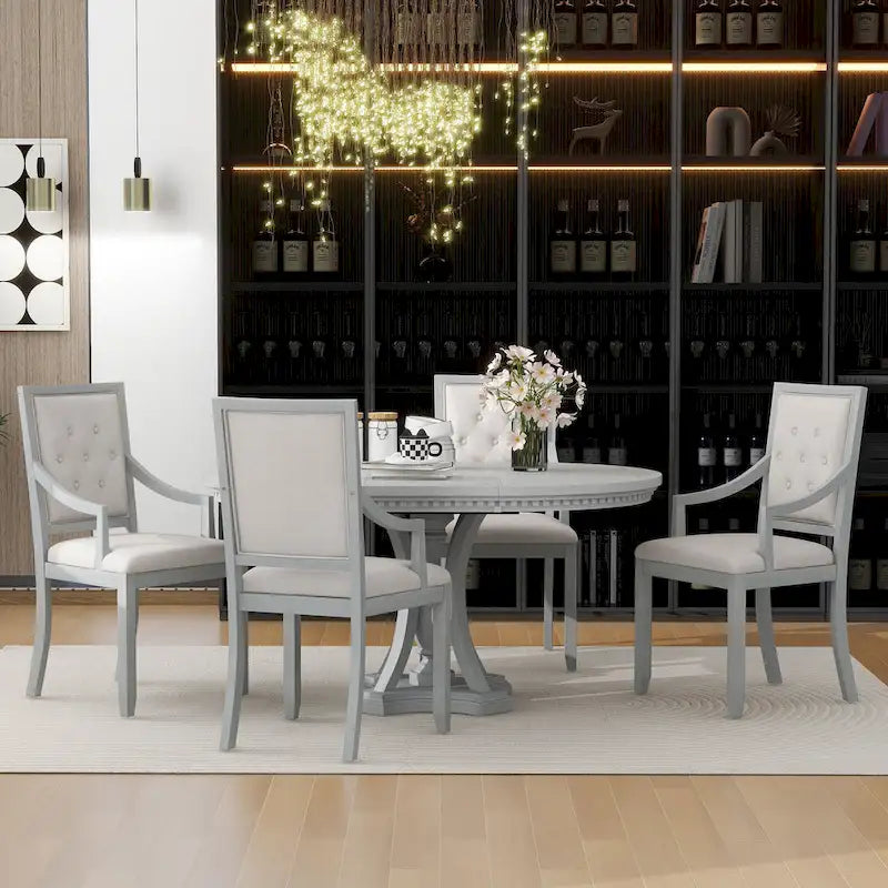 Juego de comedor redondo retro extensible gris antiguo para 5 personas (mesa + 4 sillas)