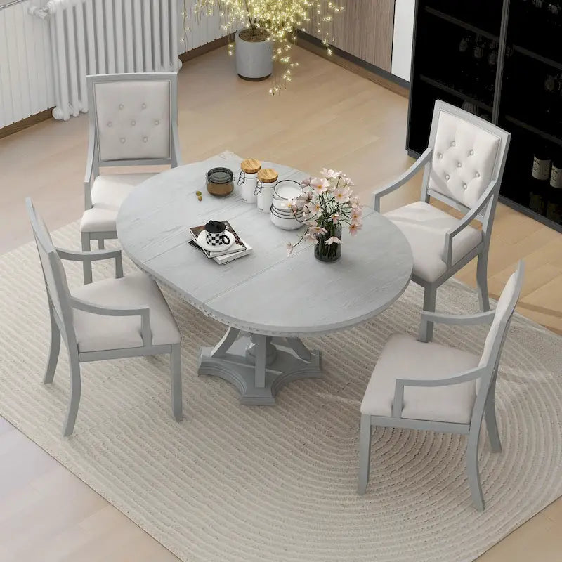 Juego de comedor redondo retro extensible gris antiguo para 5 personas (mesa + 4 sillas)