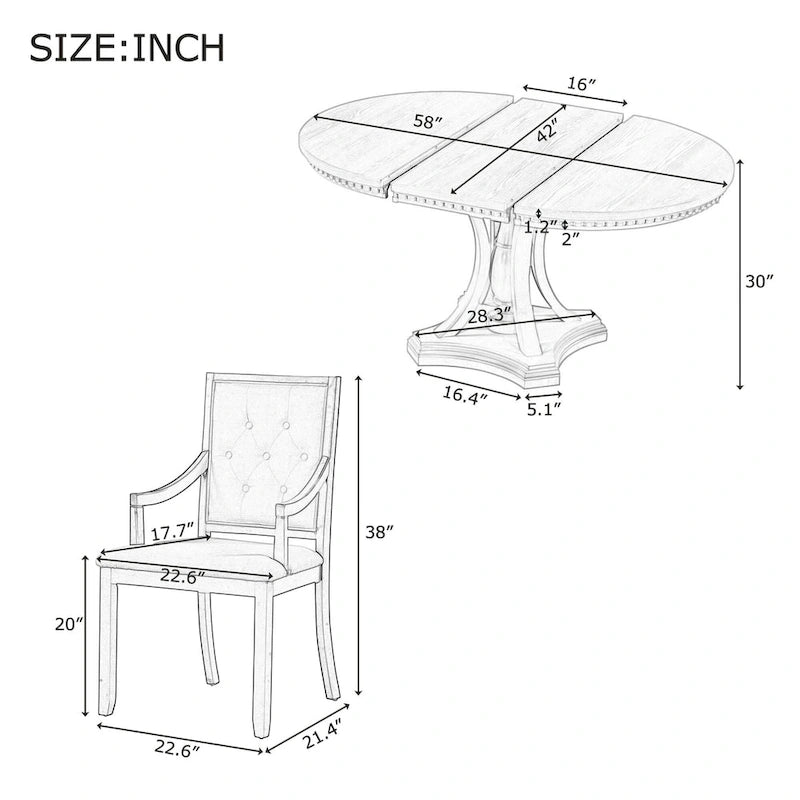 Juego de comedor redondo retro extensible gris antiguo para 5 personas (mesa + 4 sillas)