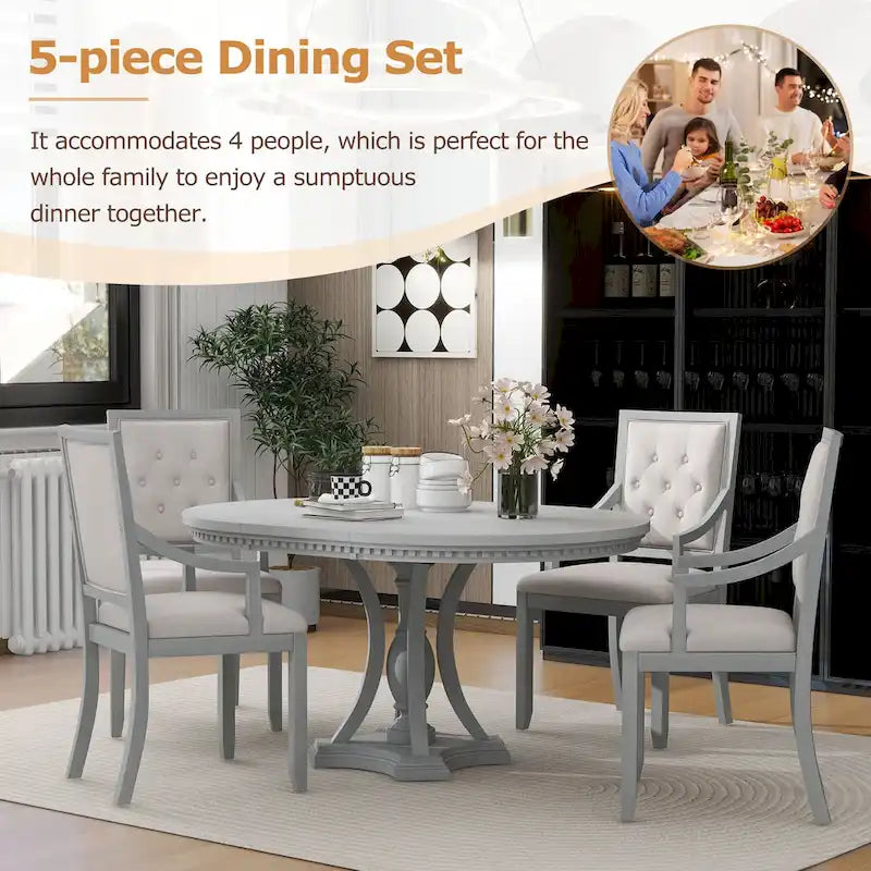 Juego de comedor redondo retro extensible gris antiguo para 5 personas (mesa + 4 sillas)