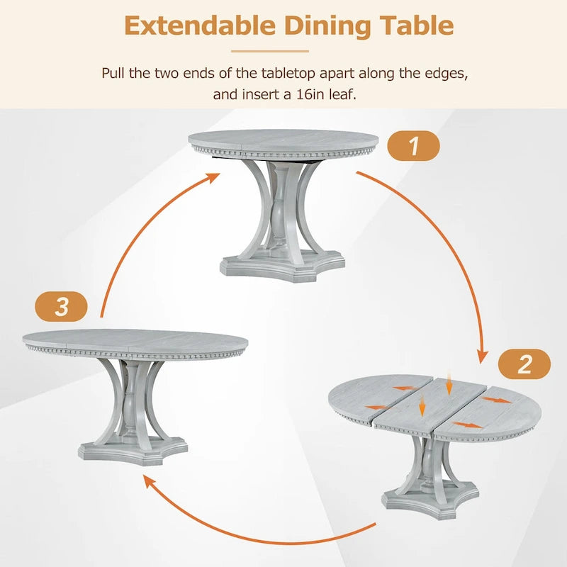 Juego de comedor redondo retro extensible gris antiguo para 5 personas (mesa + 4 sillas)