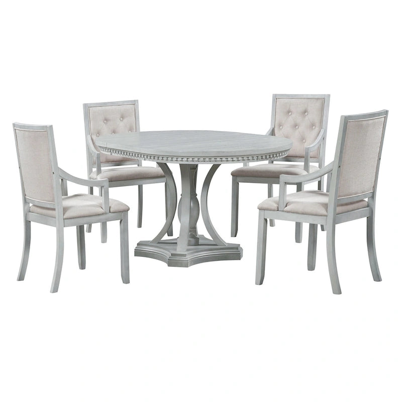 Juego de comedor redondo retro extensible gris antiguo para 5 personas (mesa + 4 sillas)