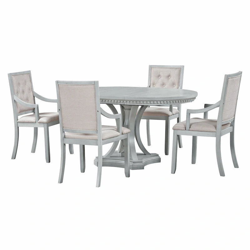 Juego de comedor redondo retro extensible gris antiguo para 5 personas (mesa + 4 sillas)