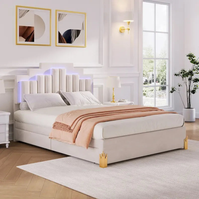 Cama Plataforma Queen Beige con Luces RGB y 4 Cajones, para 2 Personas