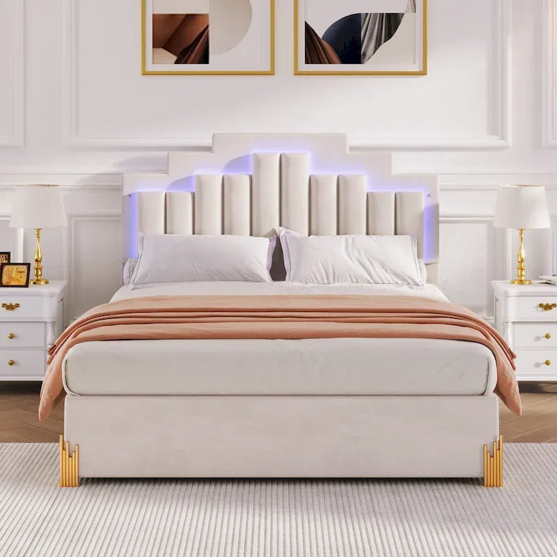Cama Plataforma Queen Beige con Luces RGB y 4 Cajones, para 2 Personas