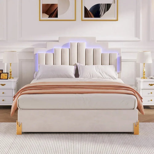 Cama Plataforma Queen Beige con Luces RGB y 4 Cajones, para 2 Personas