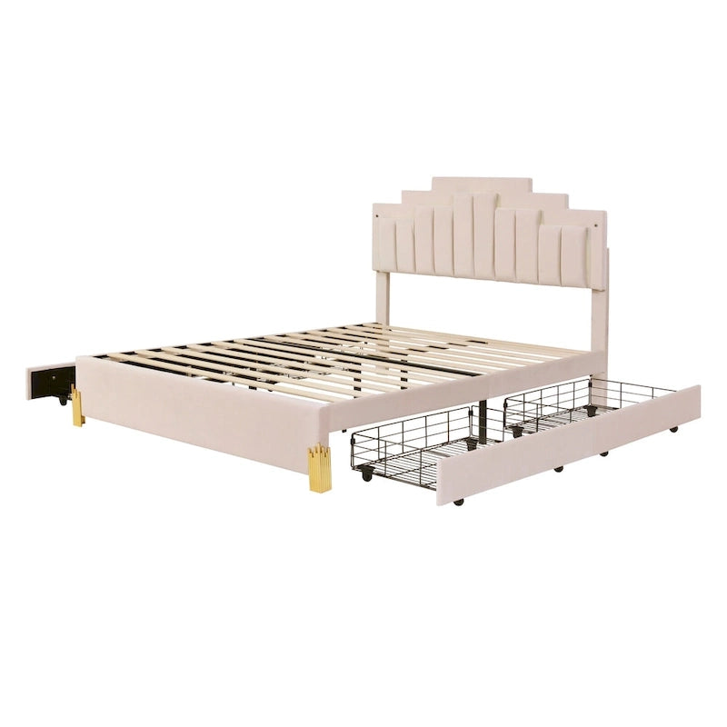 Cama Plataforma Queen Beige con Luces RGB y 4 Cajones, para 2 Personas