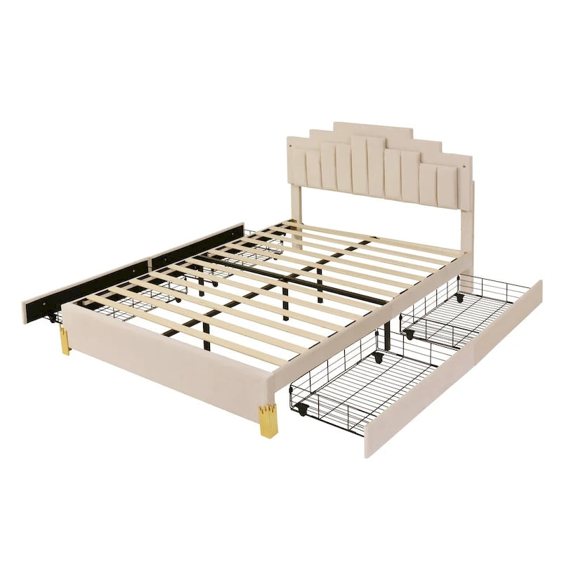 Cama Plataforma Queen Beige con Luces RGB y 4 Cajones, para 2 Personas