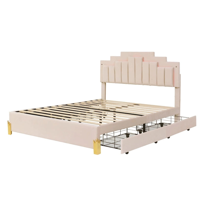 Cama Plataforma Queen Beige con Luces RGB y 4 Cajones, para 2 Personas