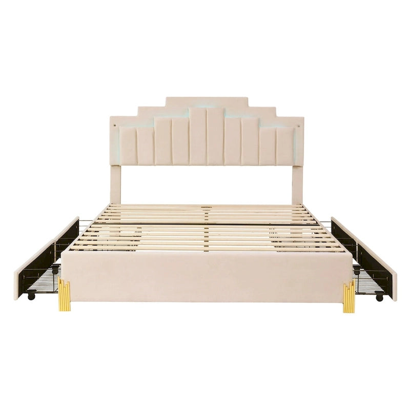 Cama Plataforma Queen Beige con Luces RGB y 4 Cajones, para 2 Personas