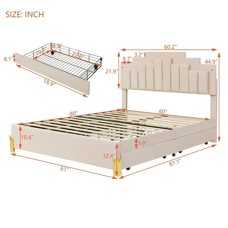 Cama Plataforma Queen Beige con Luces RGB y 4 Cajones, para 2 Personas