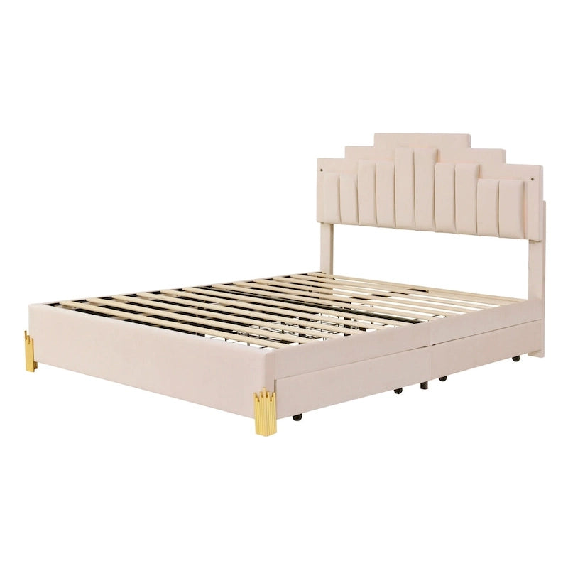 Cama Plataforma Queen Beige con Luces RGB y 4 Cajones, para 2 Personas