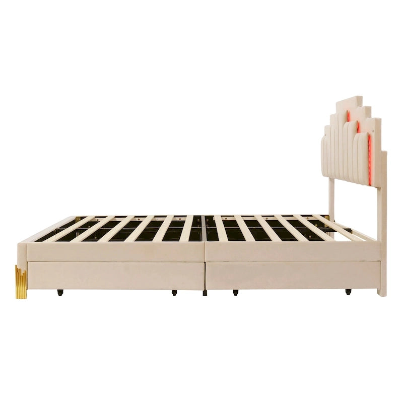 Cama Plataforma Queen Beige con Luces RGB y 4 Cajones, para 2 Personas