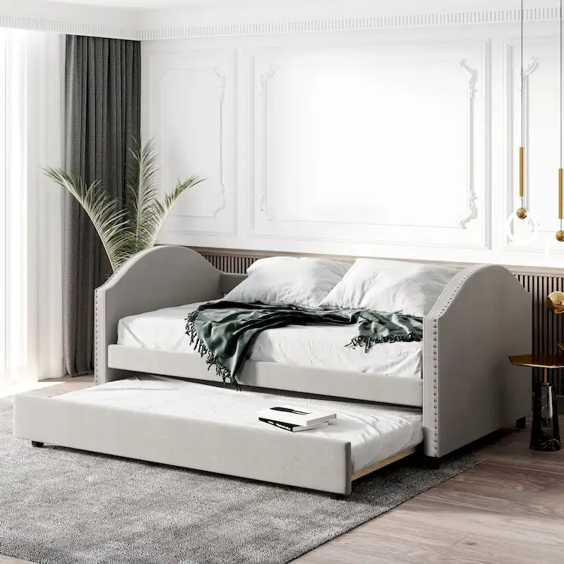 Diván tapizado gris/beige con cama nido, 2 personas