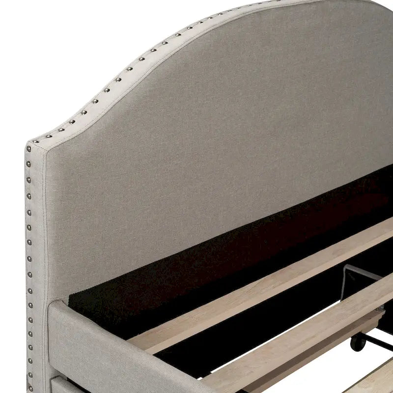 Diván tapizado gris/beige con cama nido, 2 personas
