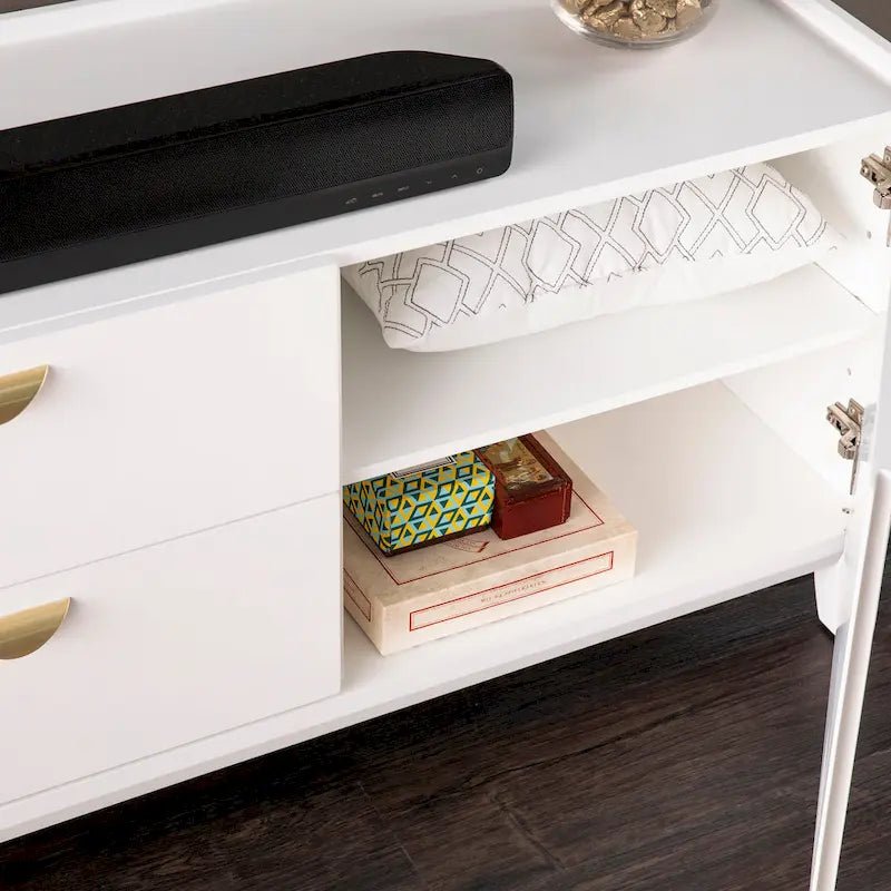 Mueble de TV moderno blanco con cajones y armarios, apto para televisores de hasta 55"