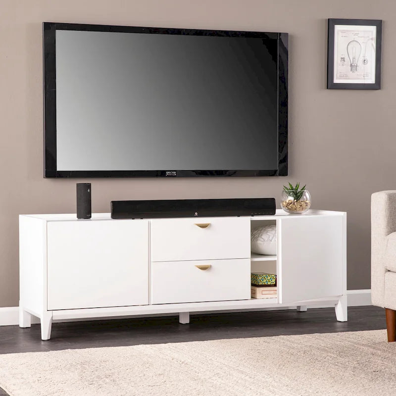 Mueble de TV moderno blanco con cajones y armarios, apto para televisores de hasta 55"