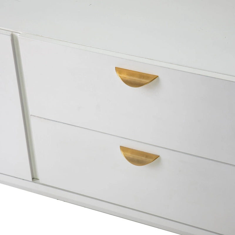 Mueble de TV moderno blanco con cajones y armarios, apto para televisores de hasta 55"