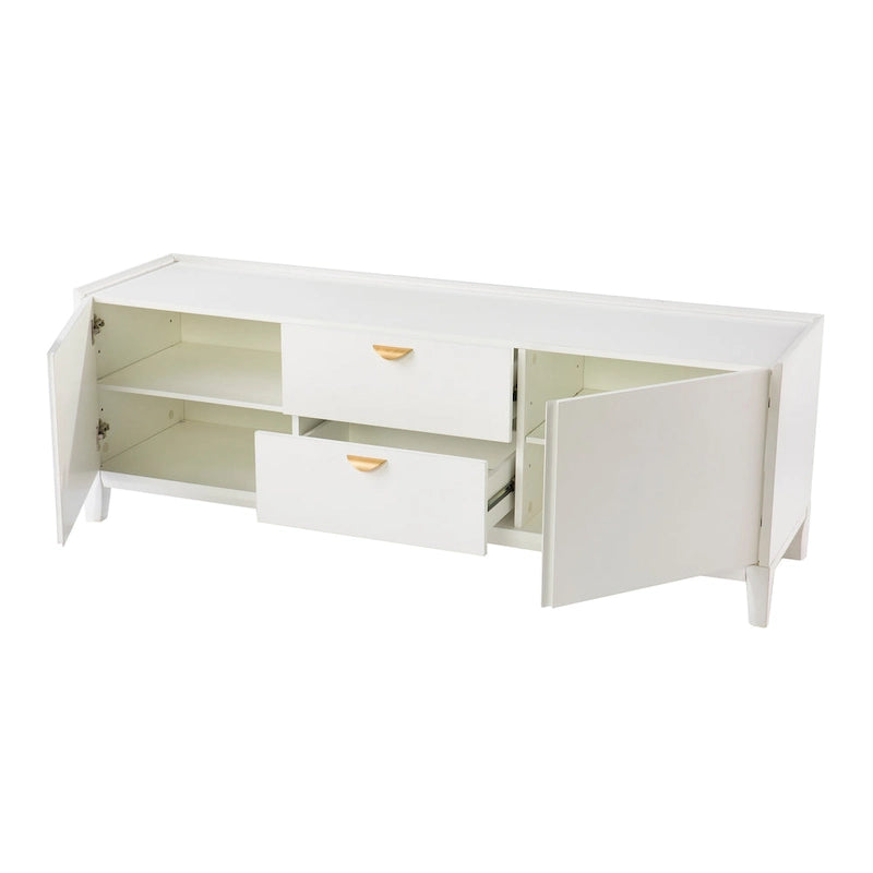 Mueble de TV moderno blanco con cajones y armarios, apto para televisores de hasta 55"