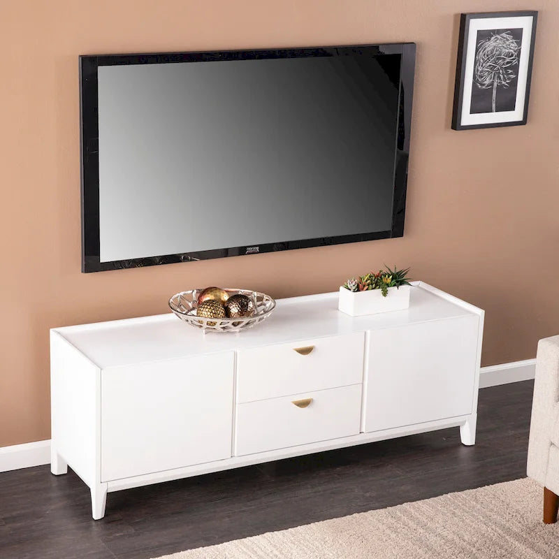 Mueble de TV moderno blanco con cajones y armarios, apto para televisores de hasta 55"