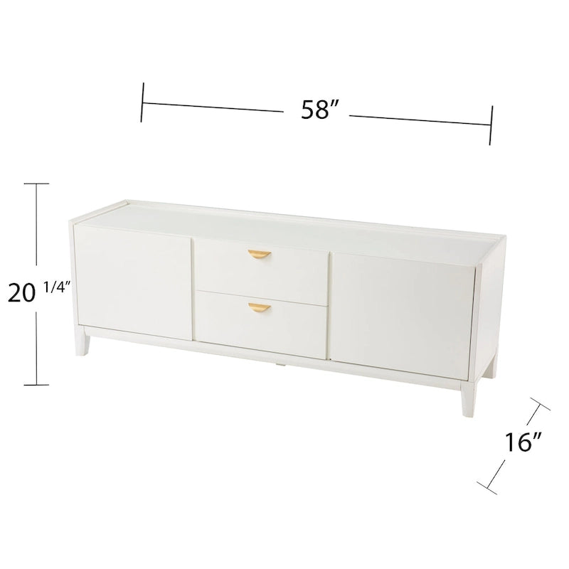 Mueble de TV moderno blanco con cajones y armarios, apto para televisores de hasta 55"