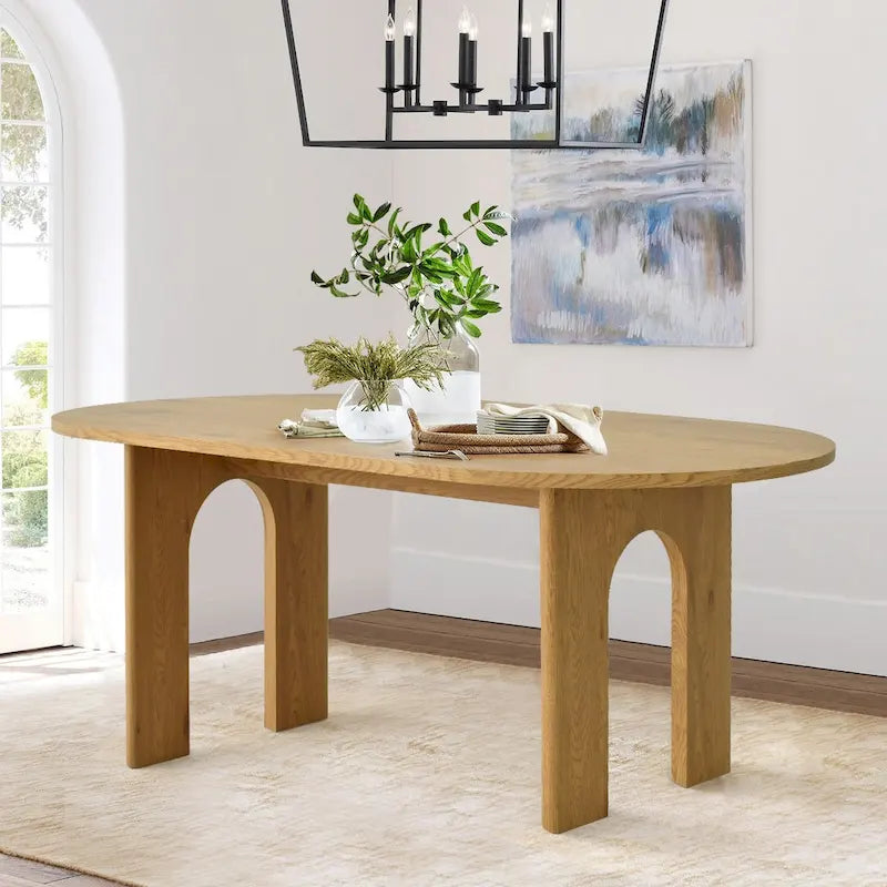 Mesa de comedor de pedestal ovalada de roble, base calada, con capacidad para 4 a 6 personas