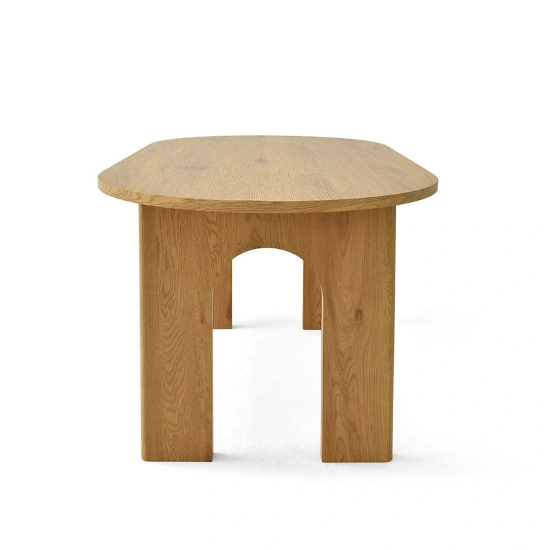 Mesa de comedor de pedestal ovalada de roble, base calada, con capacidad para 4 a 6 personas