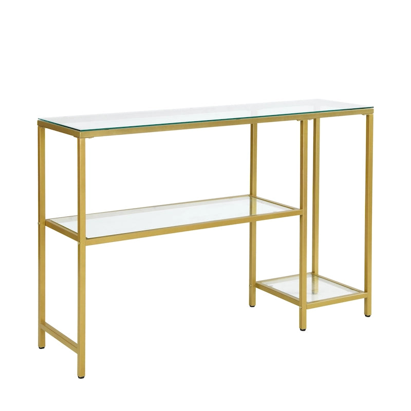 Mesa Consola con Marco de Metal Dorado y 2 Estantes de Vidrio Transparente