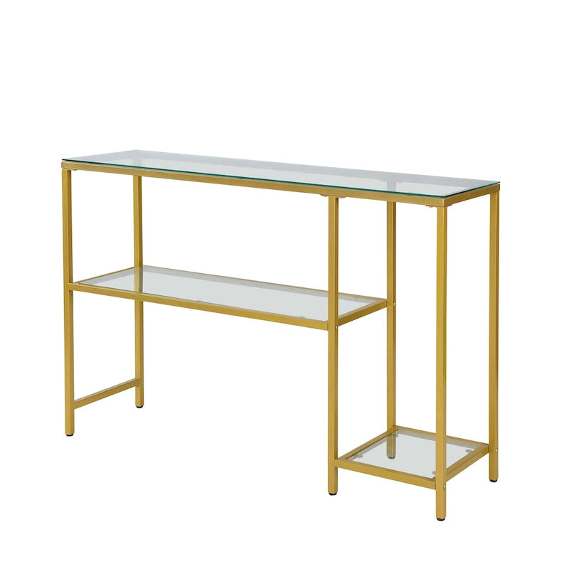 Mesa Consola con Marco de Metal Dorado y 2 Estantes de Vidrio Transparente