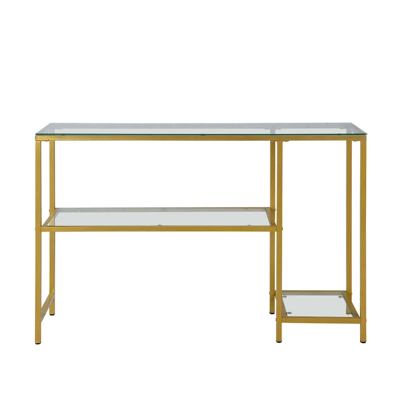 Mesa Consola con Marco de Metal Dorado y 2 Estantes de Vidrio Transparente