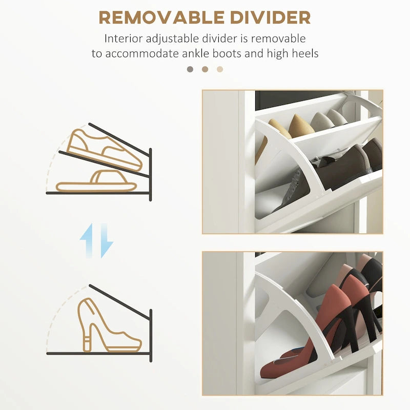 Zapatero blanco independiente con 2 cajones abatibles, estantes ajustables, capacidad para 10 pares