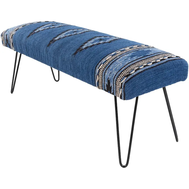 Banco tapizado estilo suroeste en crema y azul oscuro, asientos para 1-2 personas